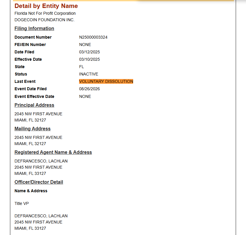 DOGECOIN FOUNDATION FLORIDA OFFICIALLY DISSOLVED